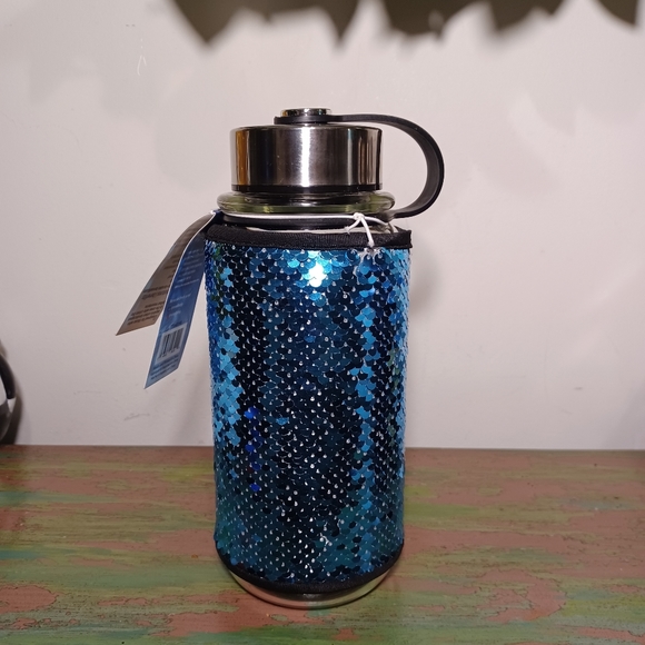 3 - 31oz. Glass Drinking Bottles With Sequin Cover PBA free. Blue Black & Gold - Picture 3 of 6
